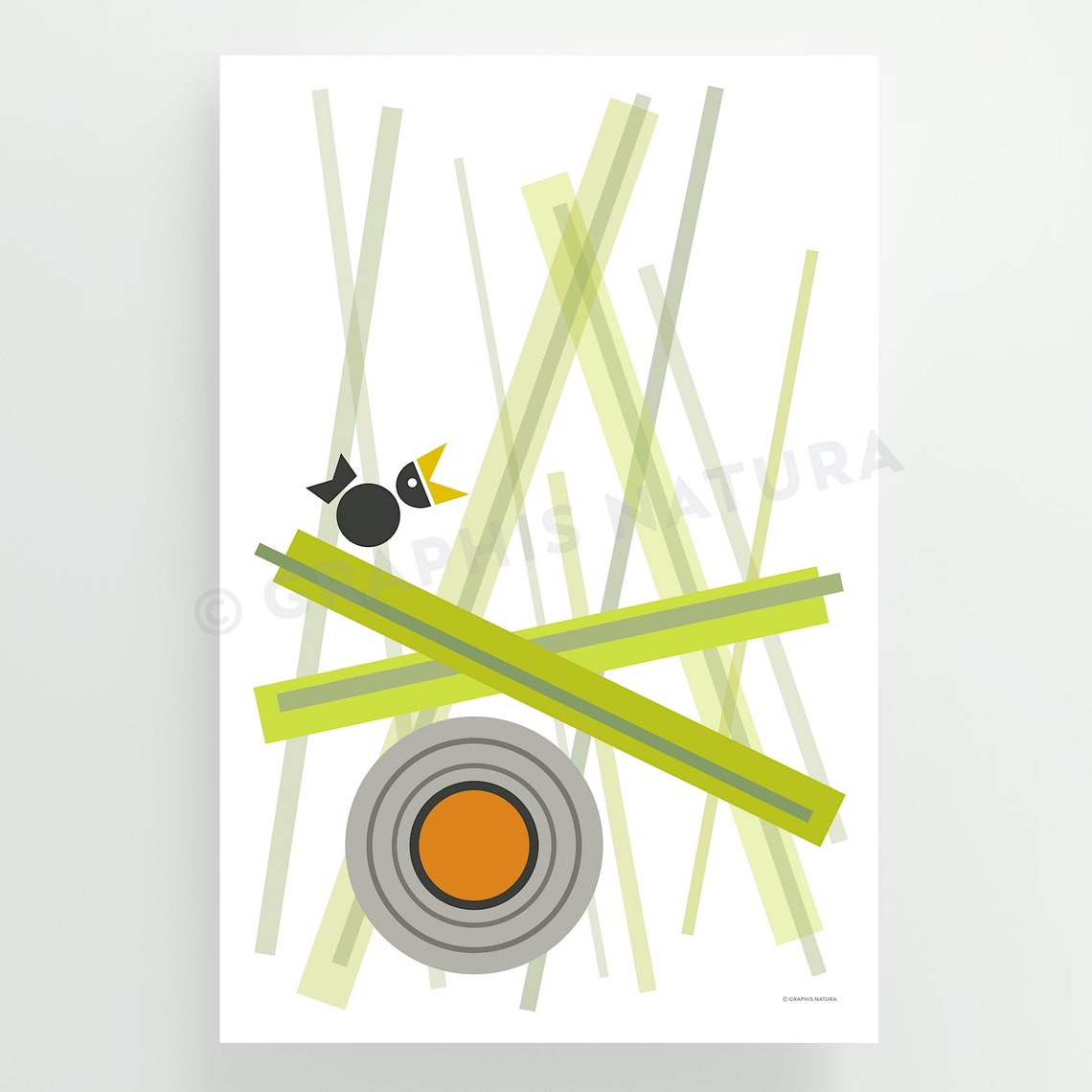 Geometric Bird in Tall Grass With Orange Sun Circle Art Poster - Image 3