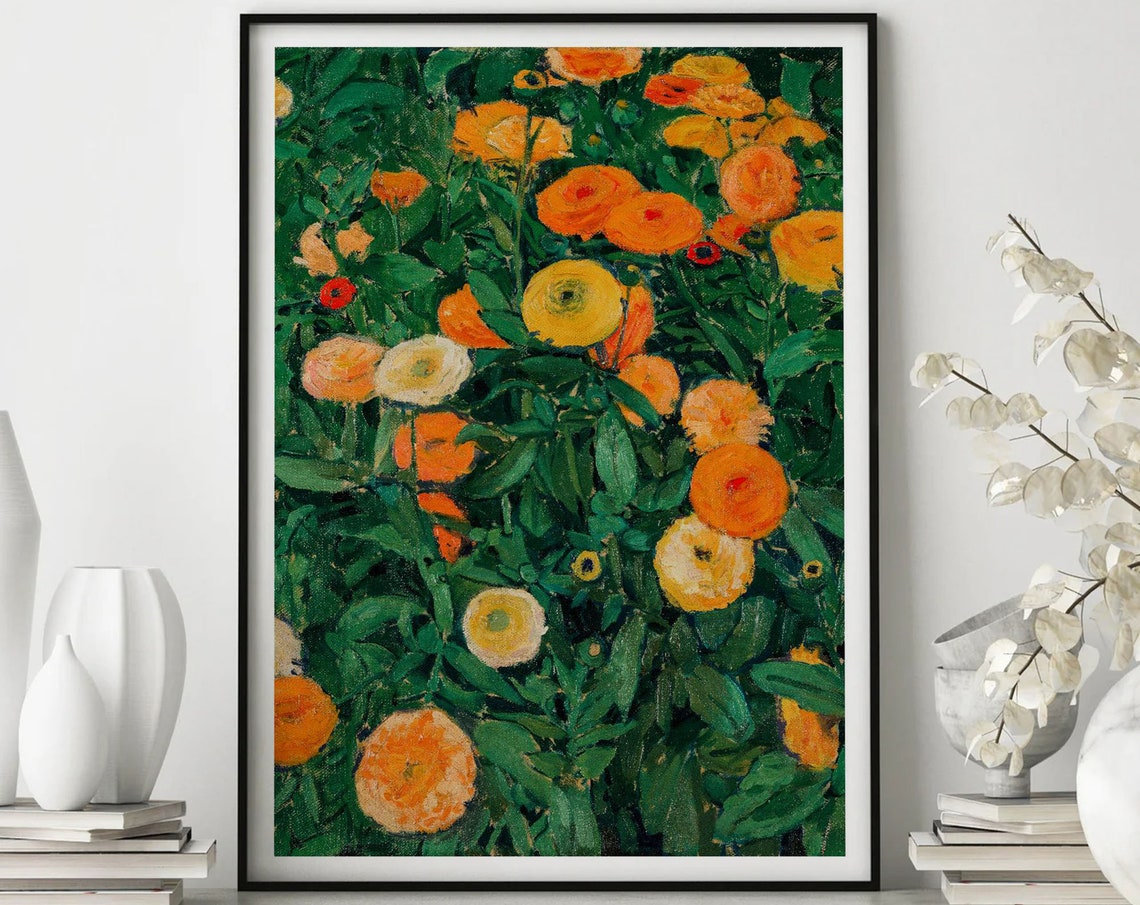 Marigold Flowers Orange Yellow Bloom Vintage Botanical Poster
