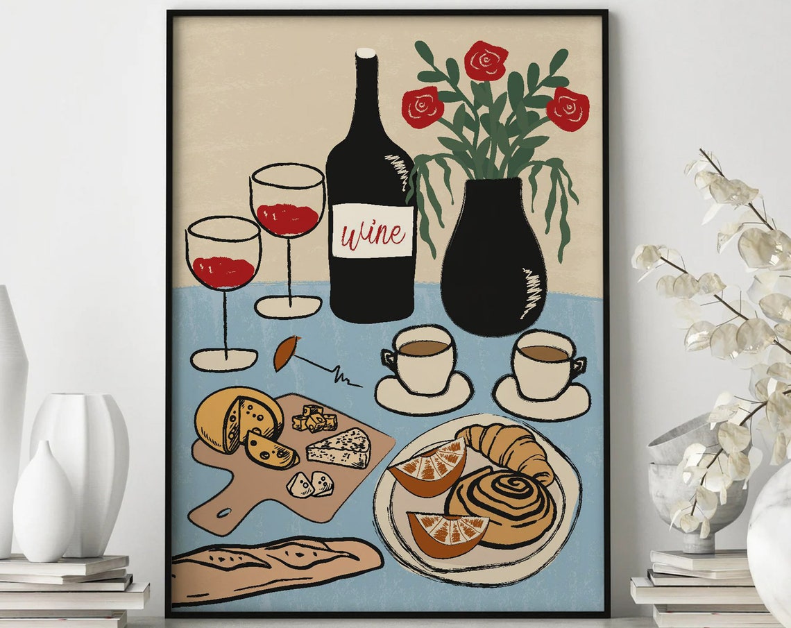 French Breakfast Wine Cheese Croissant Vintage Bistro Art Poster