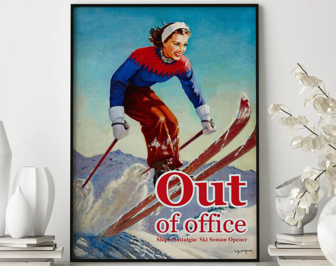Out Of Office Vintage Ski Season Woman Skier Retro Slope Poster