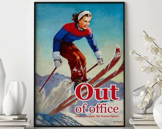 Out Of Office Vintage Ski Season Woman Skier Retro Slope Poster