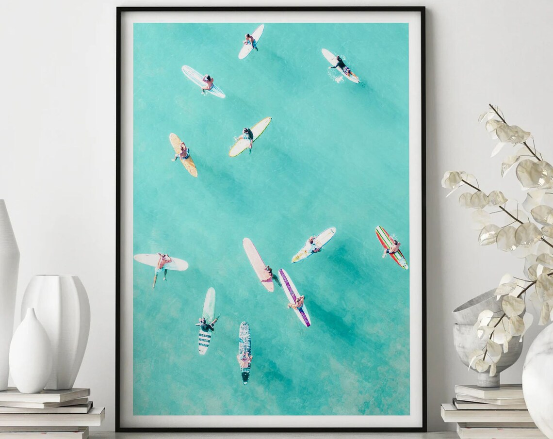 Aerial Surfers Turquoise Ocean Waves Paddleboard Photography Poster