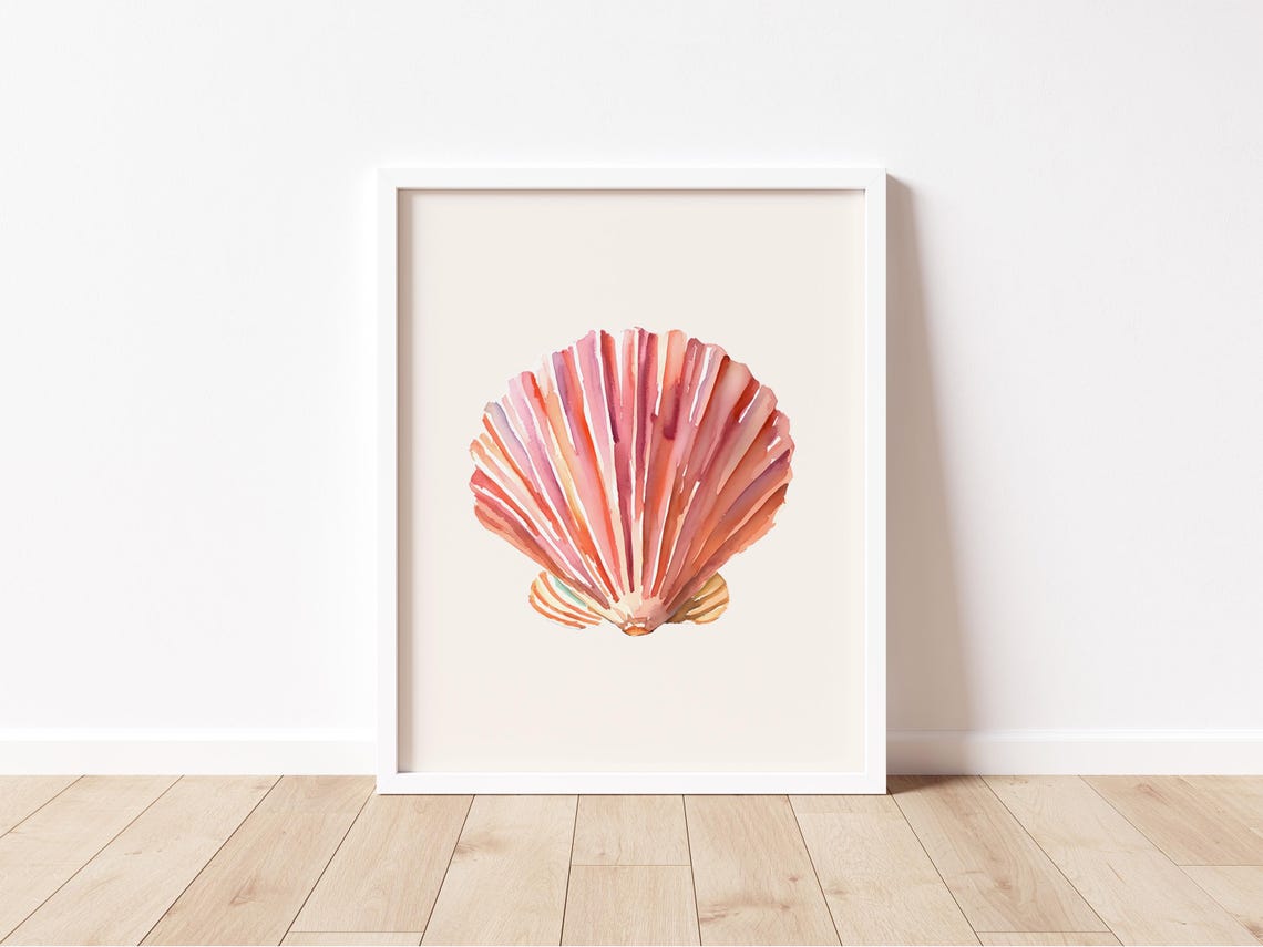 Coral Scallop Shell Watercolor Large Pink Seashell Beach Wall Art - Image 2