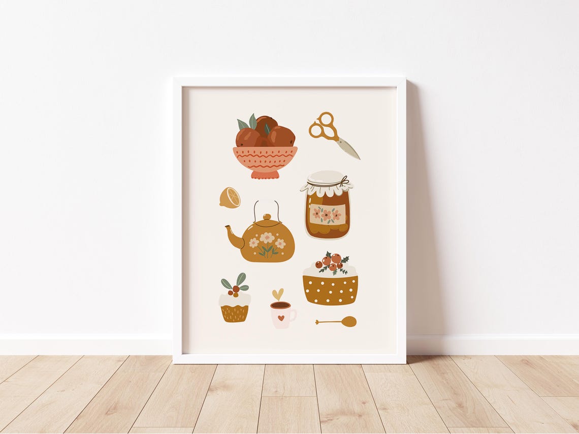 Cozy Kitchen Boho Hand Drawn Teapot Jam Jar Cupcake Art Print - Image 2