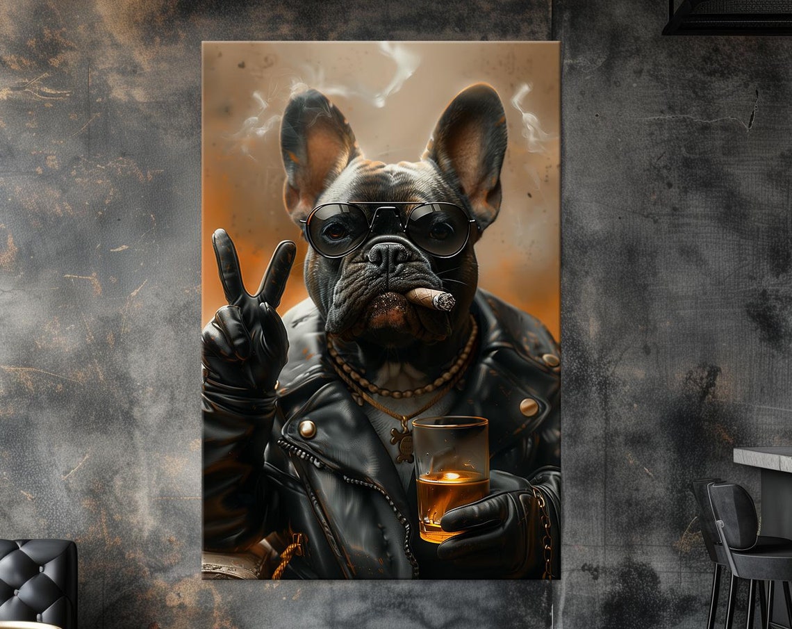 Cool French Bulldog Biker Leather Jacket Cigar Whiskey Glass Poster
