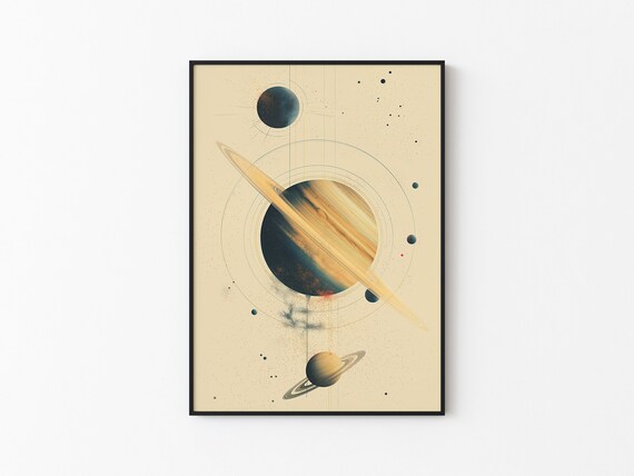 Abstract Beige Saturn Blade Ring Dramatic Navy Gold Watercolor Art Print