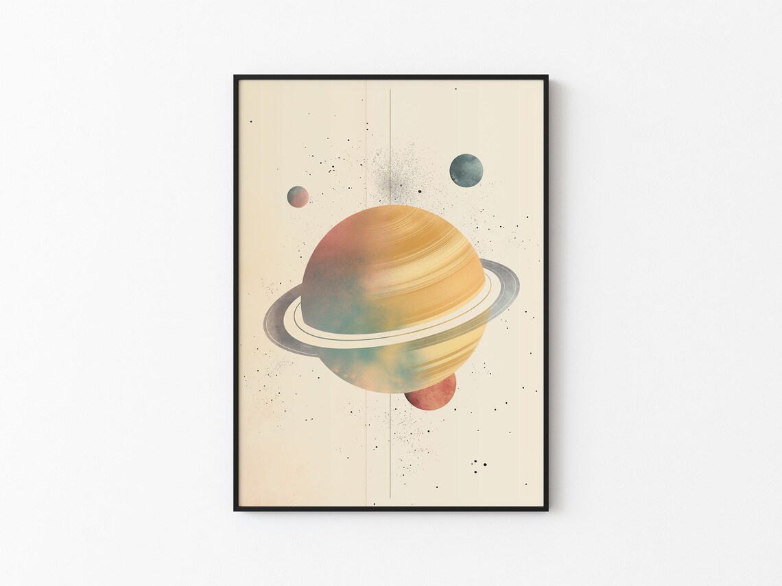 Abstract Watercolor Golden Banded Saturn Silver Ring Red Moon Art Print