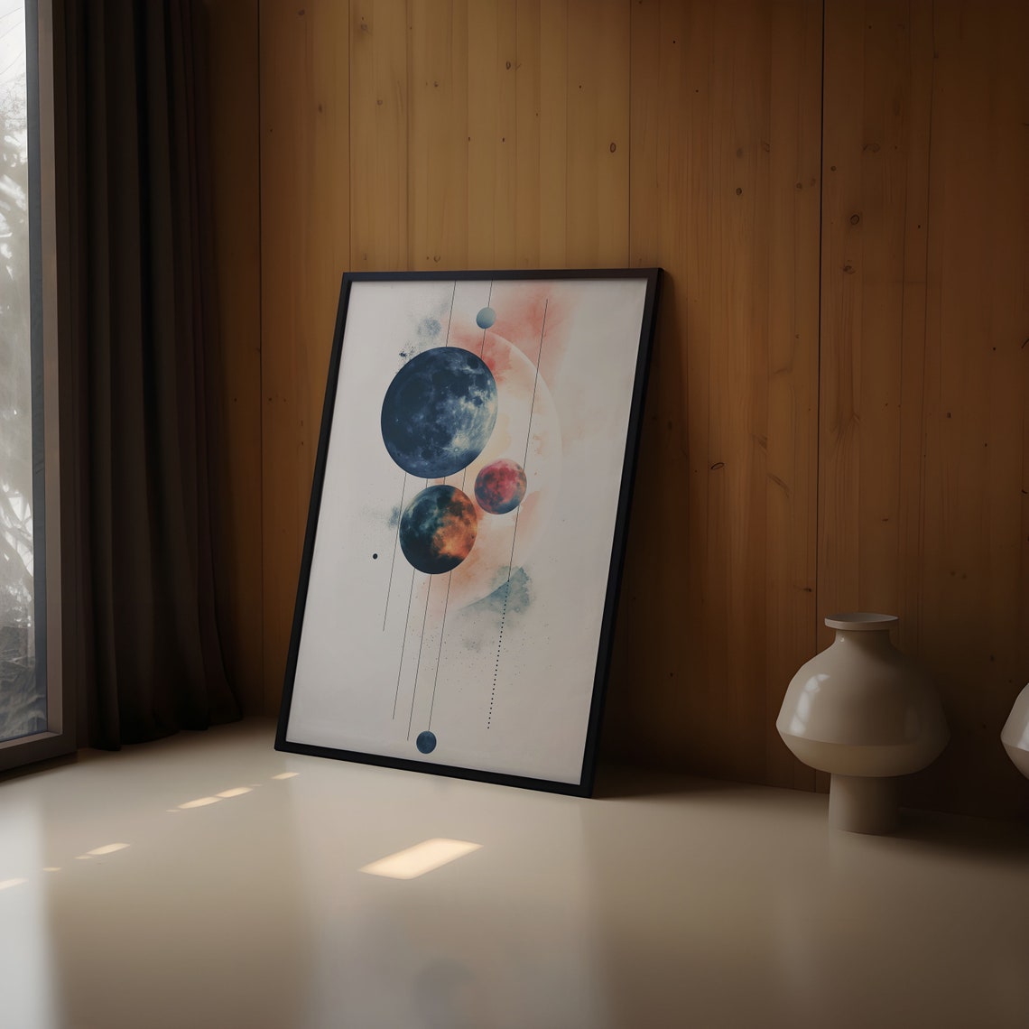 Navy Moon Peach Eclipse Watercolor Planetary Pair Abstract Art Print - Image 2