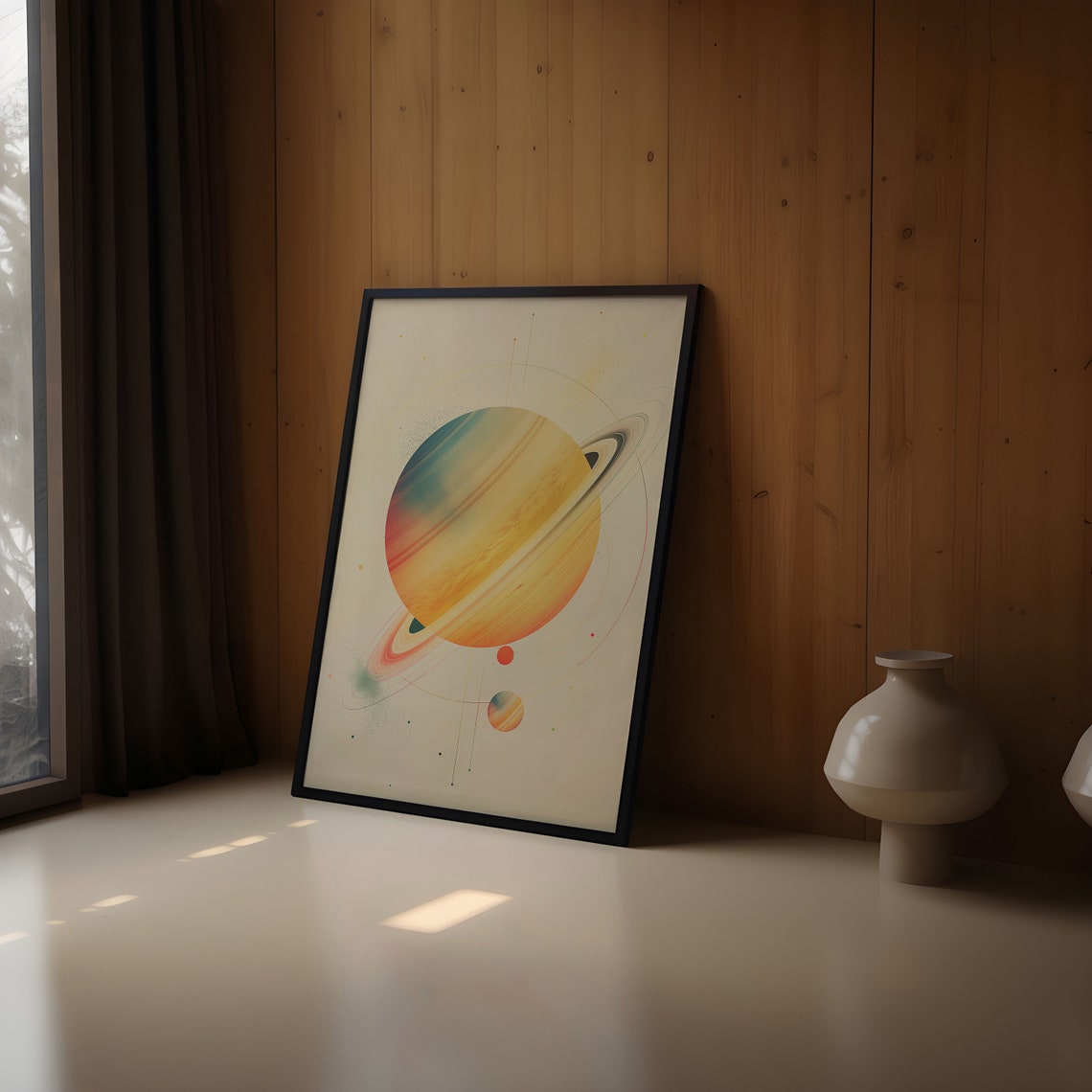 Sunset Saturn Tilted Orbits Watercolor Beige Abstract Wall Art - Image 2