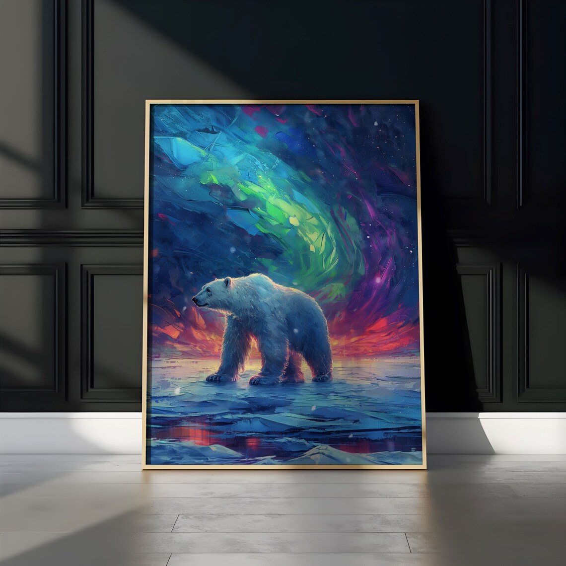 Polar Bear on Frozen Lake Under Green Purple Aurora Sky Poster - Image 2