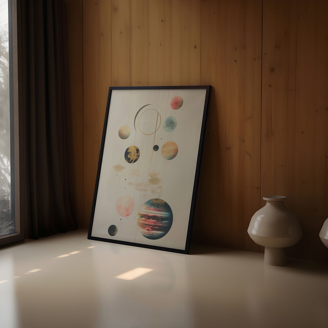 Watercolor Planets Pastel Moons Gold Lines Cream Cosmic Art Poster - Image 2