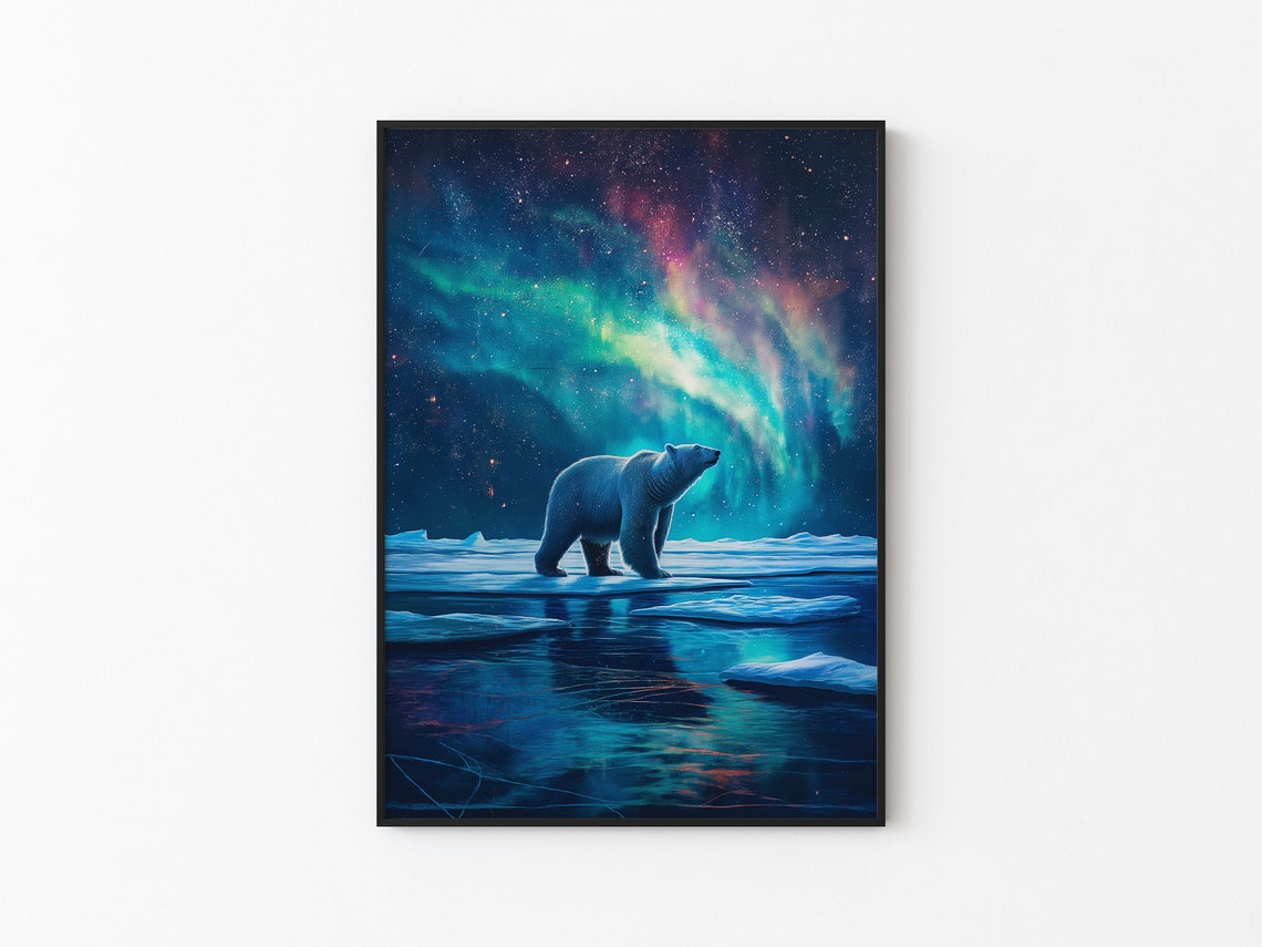 Polar Bear on Ice Floes Under Teal Aurora Curtains Wall Poster - Image 3