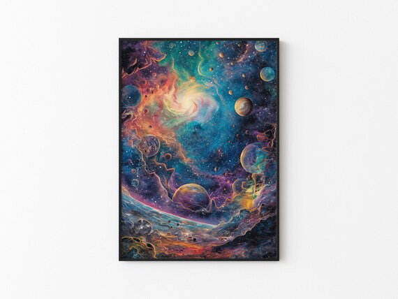 Rainbow Cosmic Nebula Many Planets Blue Sky Impasto Art Poster