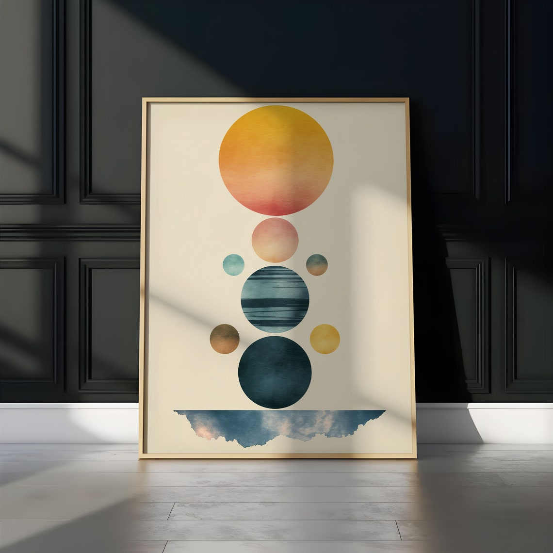 Abstract Orange Sun Striped Planet Cosmic Column Watercolor Wall Art - Image 3
