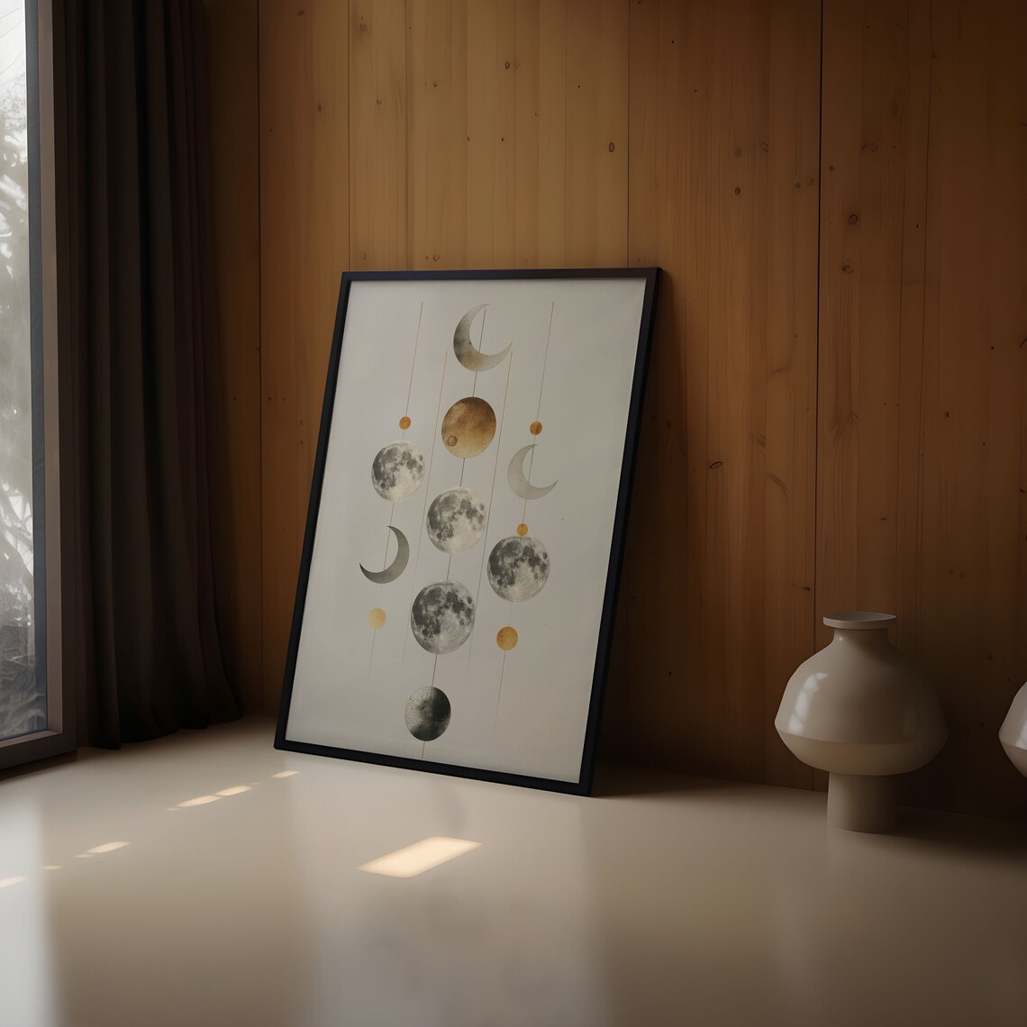 Abstract Hanging Moon Phases Mobile Gray Gold Watercolor Art Print - Image 2