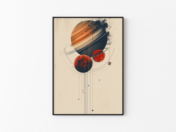 Watercolor Banded Giant Planet Red Moons Ink Lines Abstract Wall Art