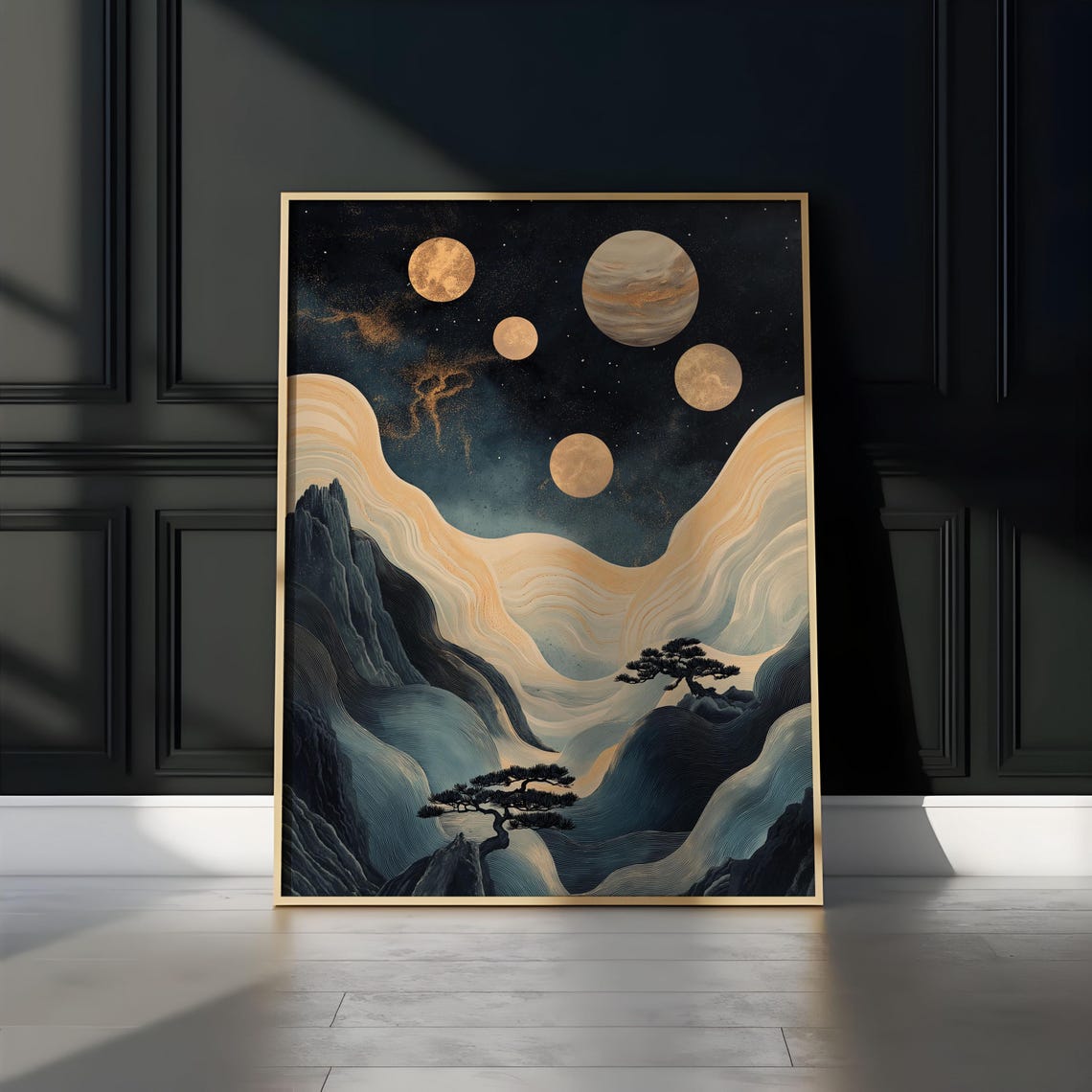 Five Golden Moons Flowing Mountain Waves Bonsai Pines Night Sky Poster - Image 3