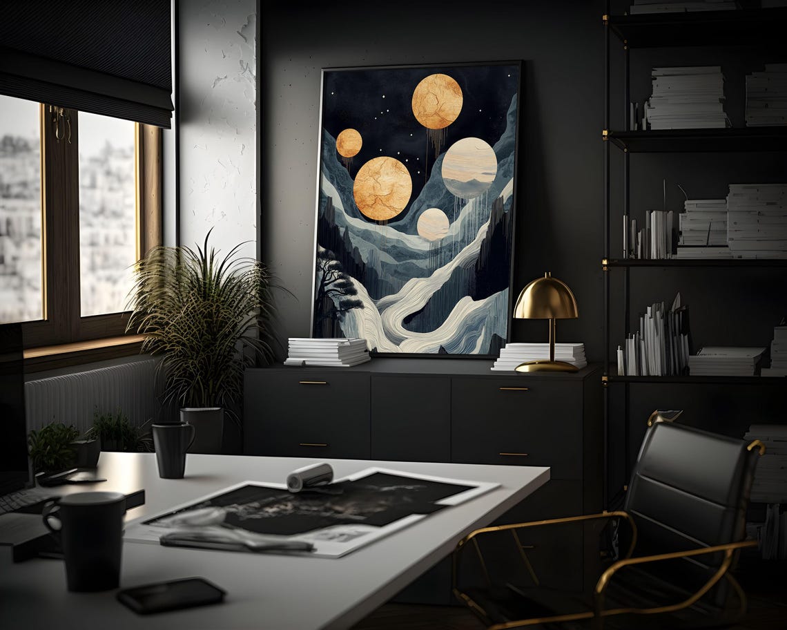 Five Cracked Gold Moons Wave Ribbons Mountain Night Sky Art Poster - Image 2