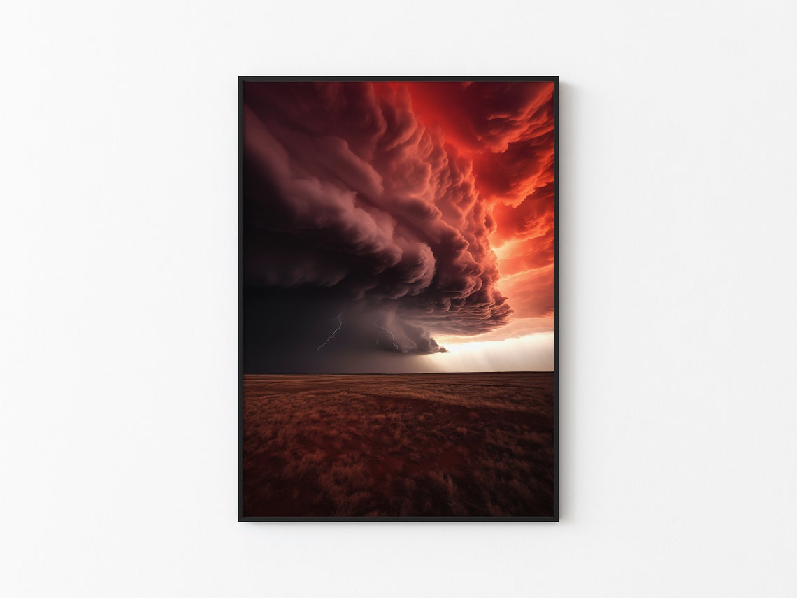 Red Supercell Storm With Lightning Bolt Over Open Plain Poster