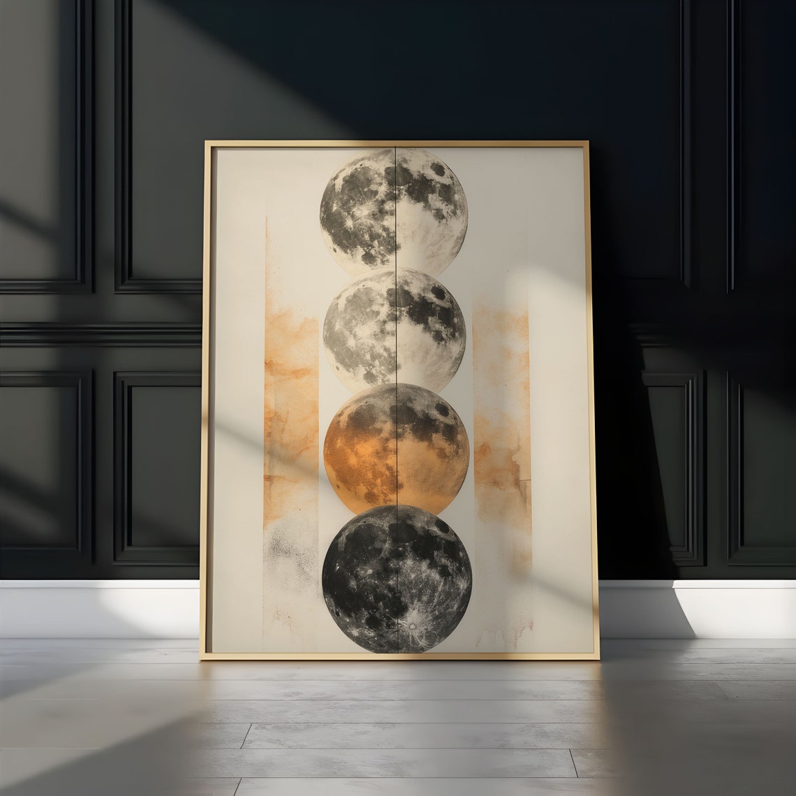 Stacked Full Moons Orange Gray Seam Line Watercolor Wall Art - Image 3