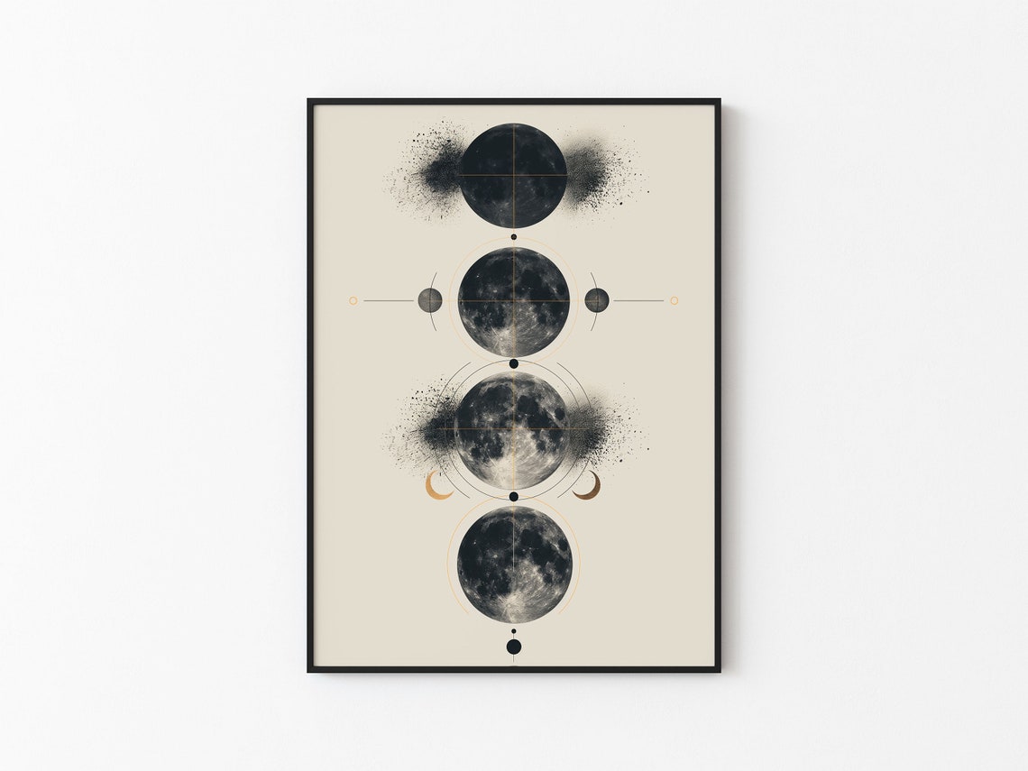 Four Full Moons Ink Splatter Fine Gold Line Abstract Art Poster