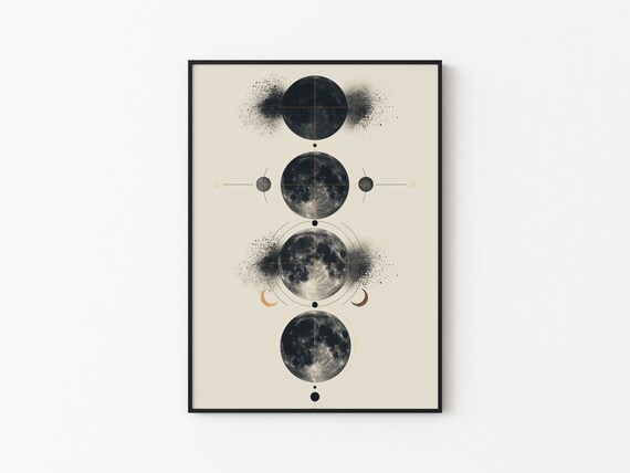 Four Full Moons Ink Splatter Fine Gold Line Abstract Art Poster
