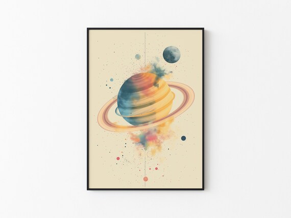 Rainbow Banded Saturn Planet Watercolor Splatter Beige Art Print