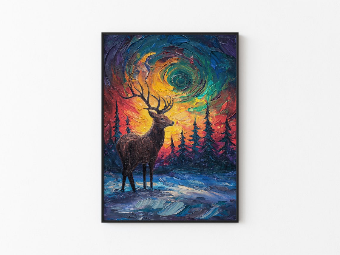 Majestic Stag Beneath Swirling Rainbow Aurora Winter Sky Poster