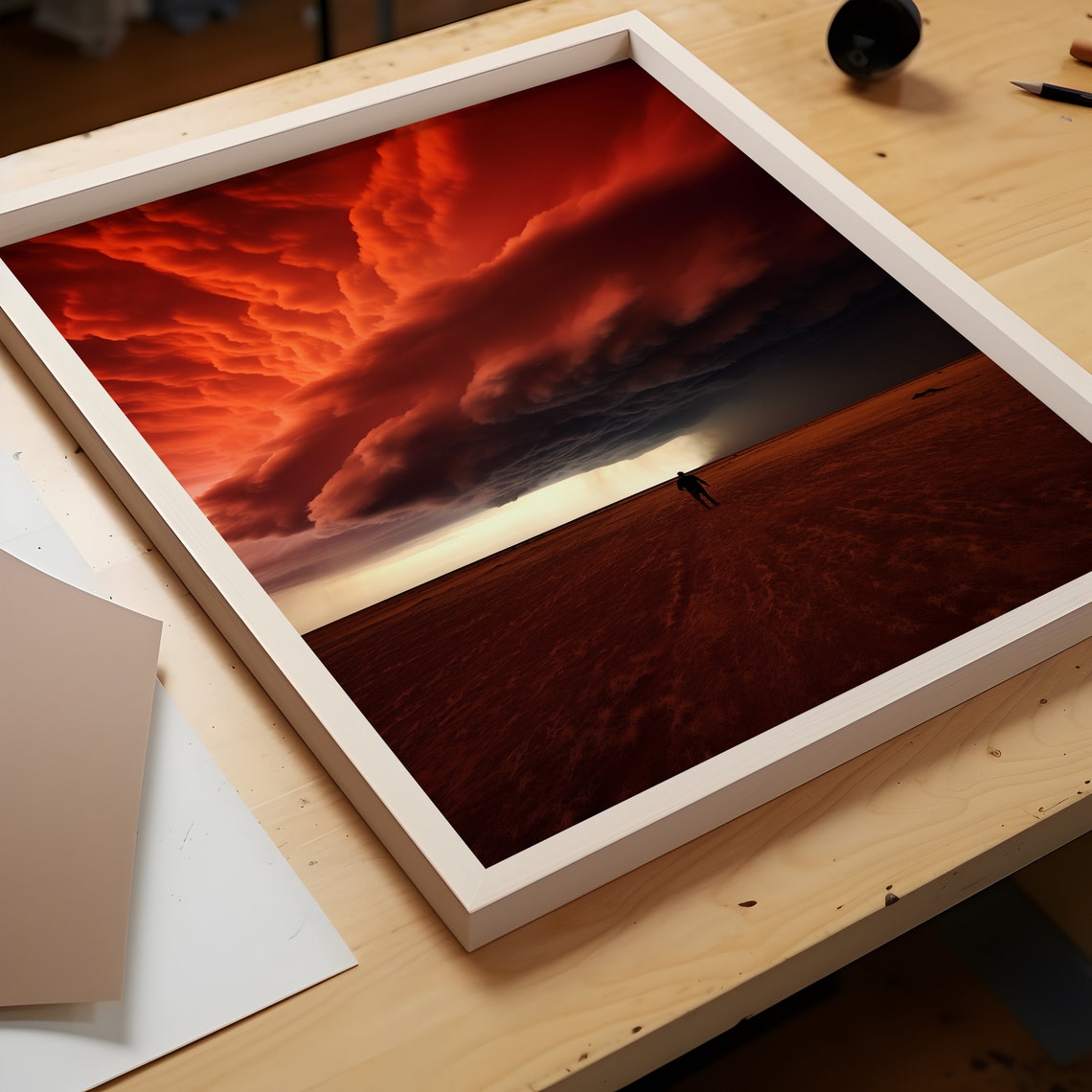 Lone Figure in Red Desert Under Vast Crimson Shelf Cloud Poster - Image 3