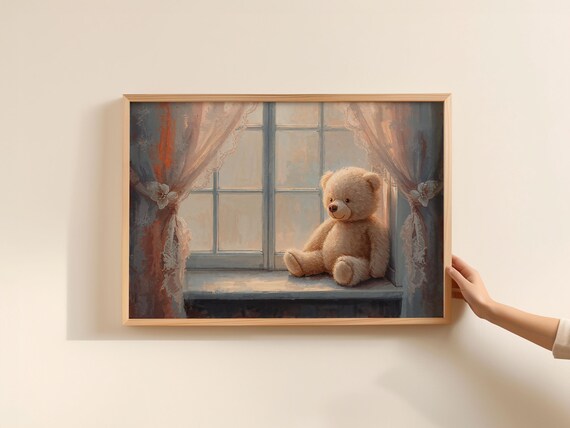 Sweet Teddy Bear Sitting on a Sunny Window Sill Nursery Wall Art