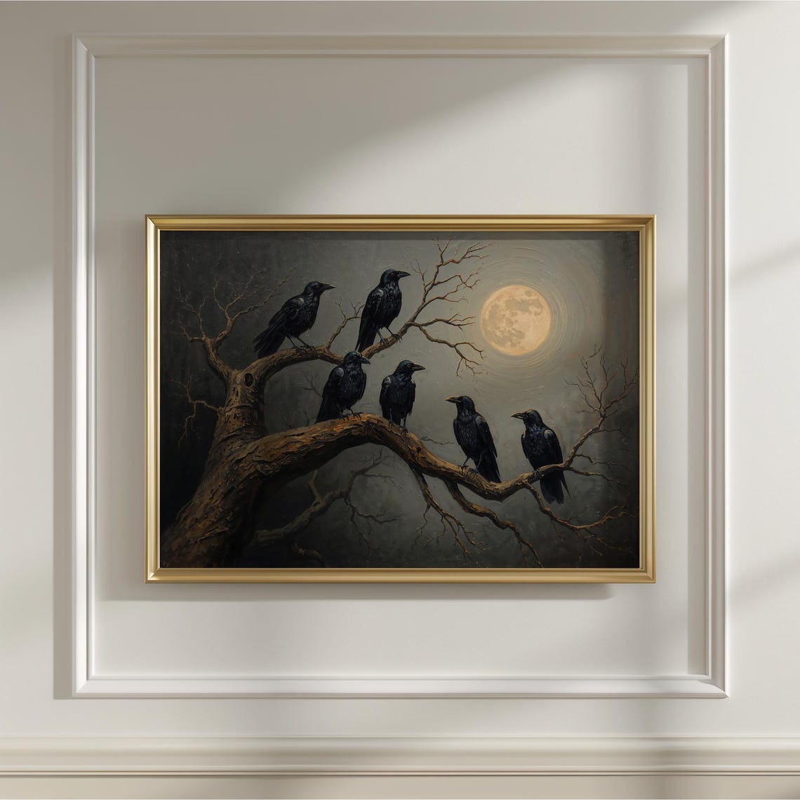Six Ravens Full Moon Bare Branch Dark Moody Gothic Art Poster
