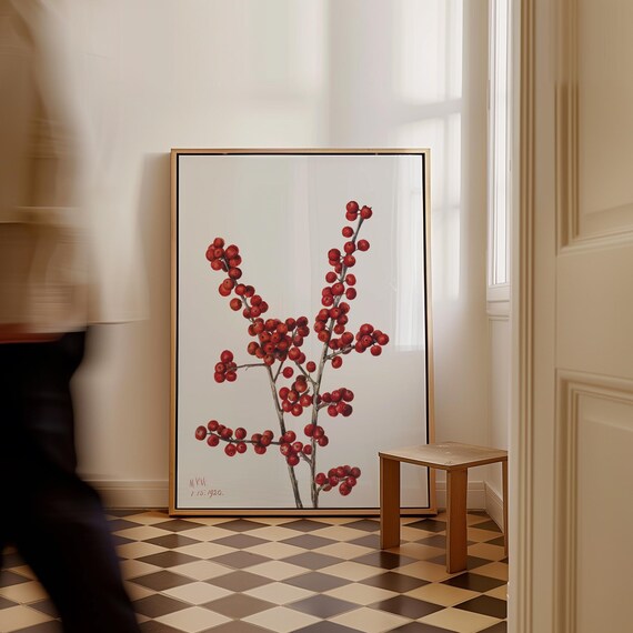 Winterberry Red Berry Branches Vintage Botanical Watercolor Art Print
