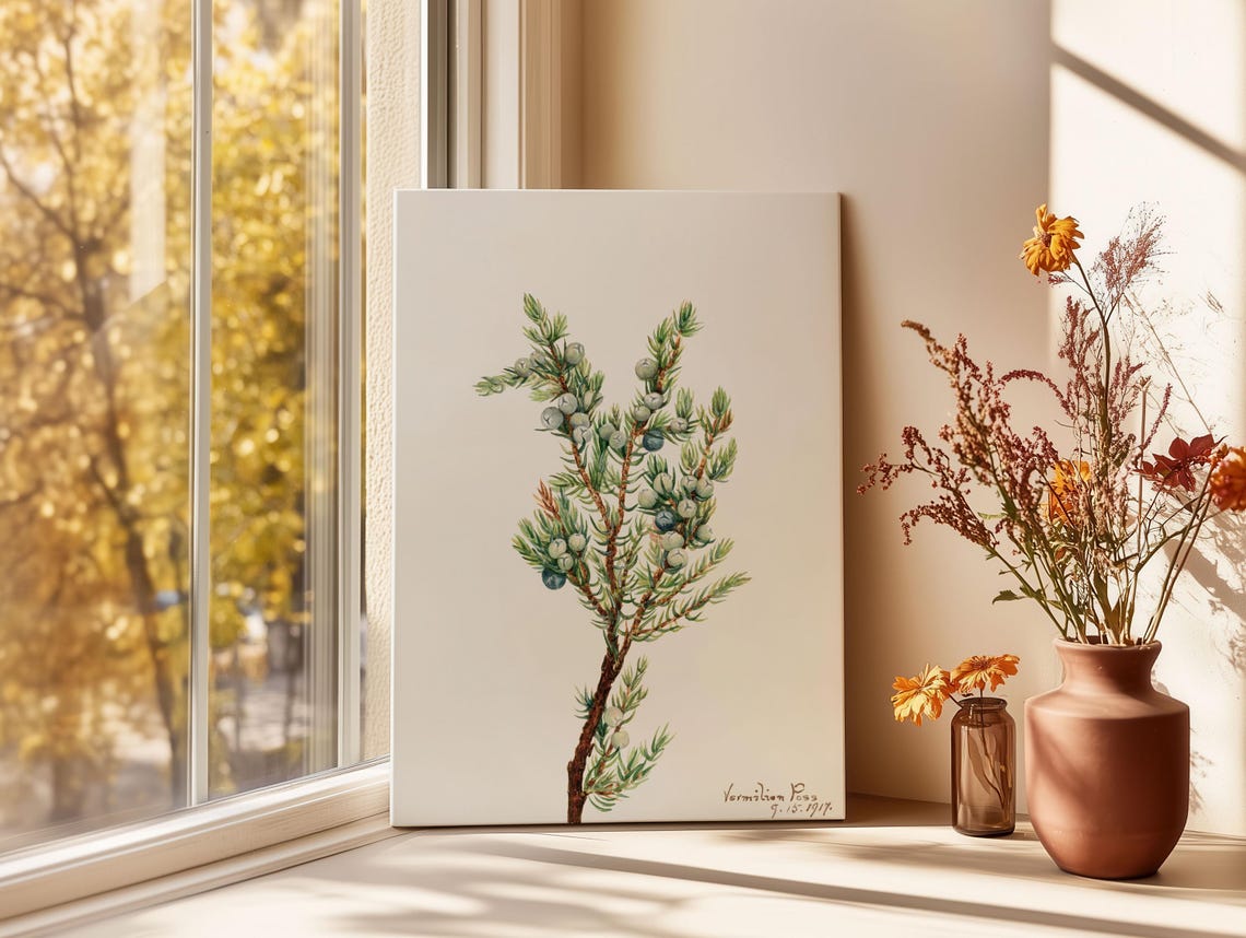 Mountain Juniper Botanical Art Print Vintage Floral Canvas