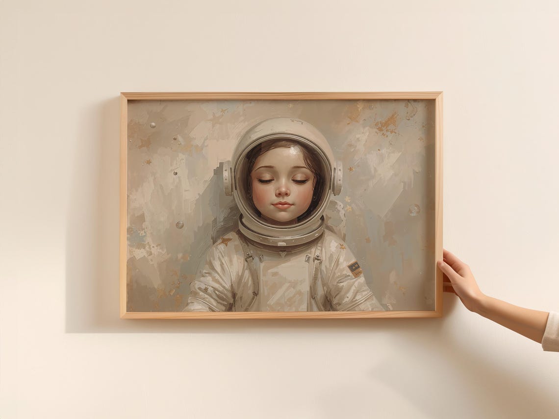 Dreamy Astronaut Nursery Print Muted Ivory Suit