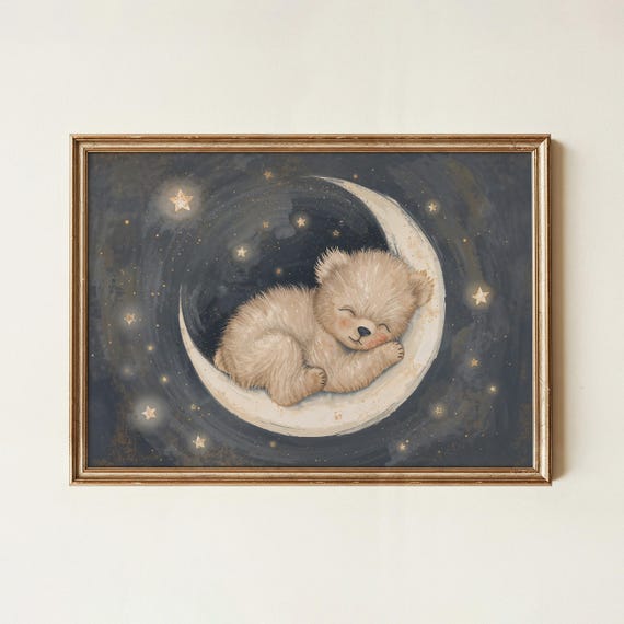 Sleeping Bear Moon Nursery Print Kids Room Wall Art