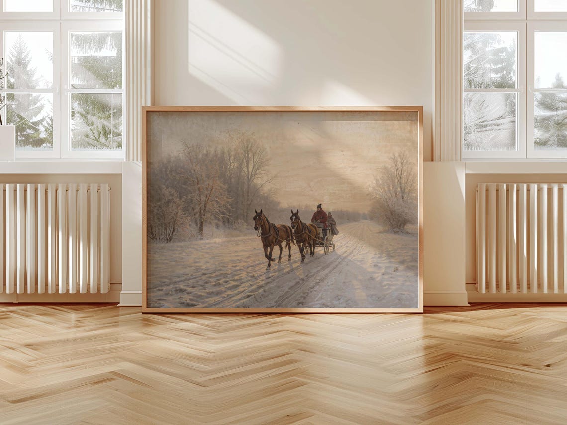 Horse Drawn Sleigh Vintage Winter Snowy Road Landscape Poster