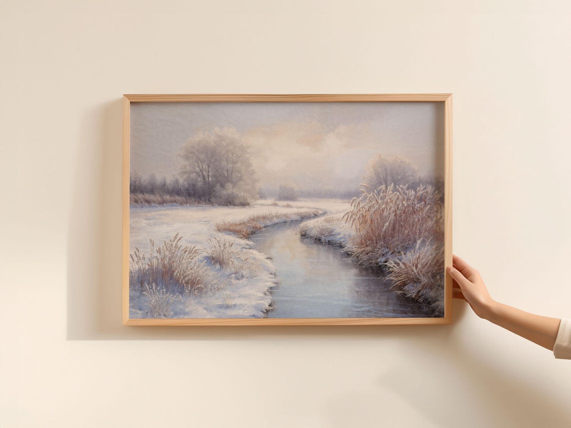 Vintage Winter Stream Snowy Meadow Frosty Countryside Art Print