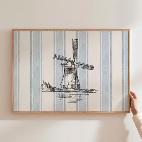 Vintage Striped Hand Drawn Mill Sketch Print Coastal Bedroom Cute Wall Art Rustic Mid Century Modern Decor Retro