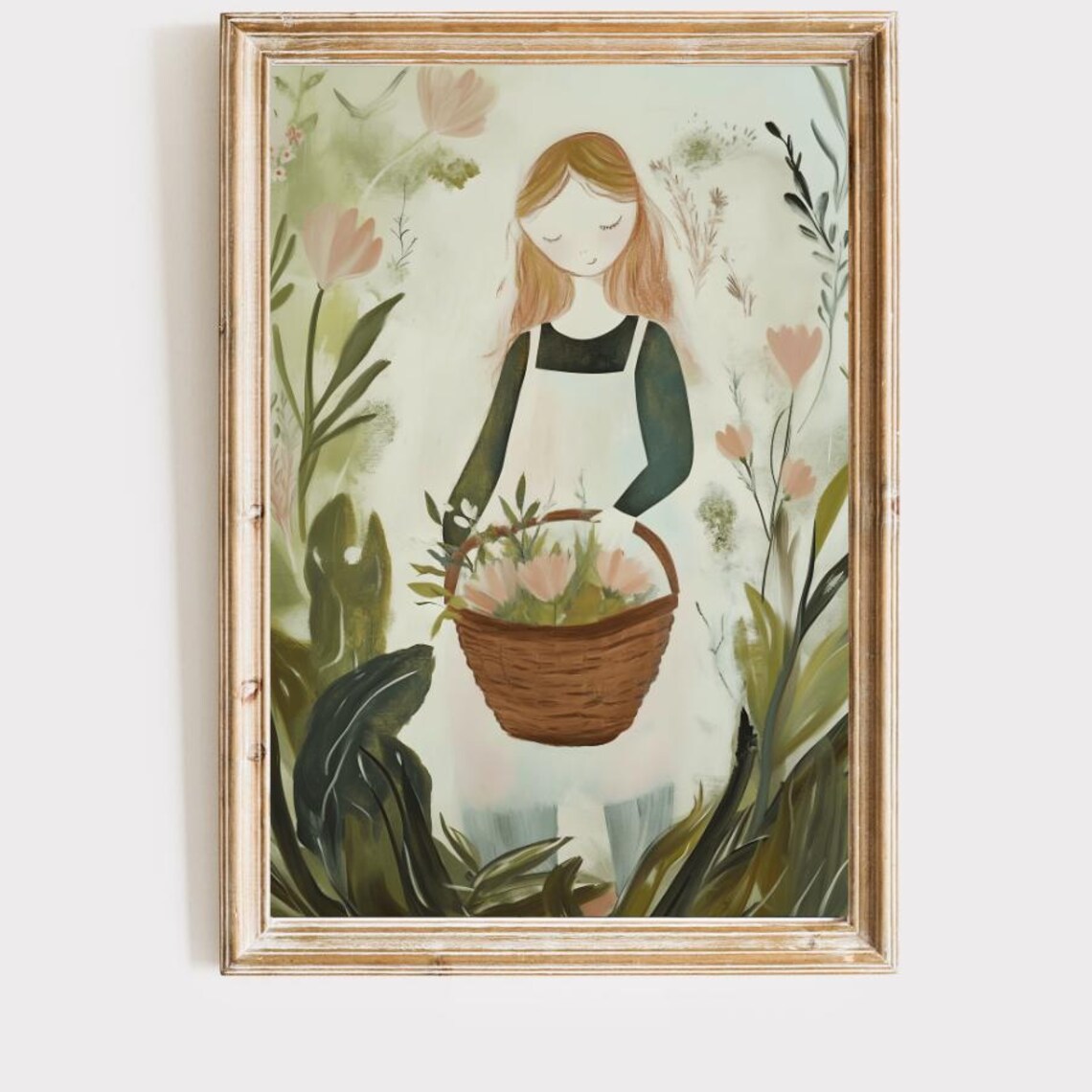 Girl With Flower Basket Among Tall Wildflowers Garden Art Poster
