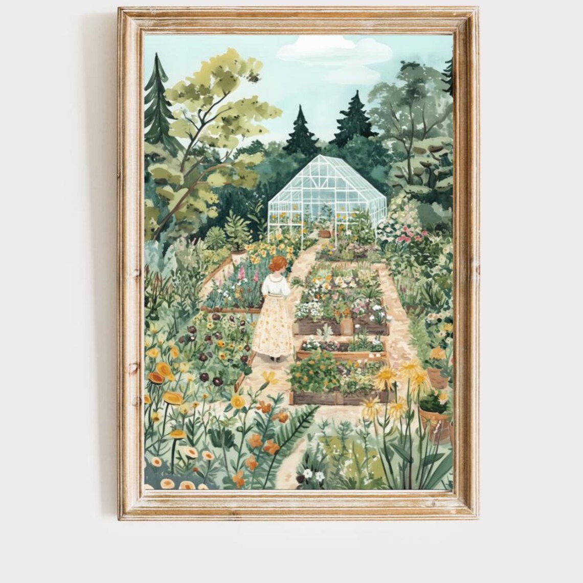Woman Gardening in Flower Garden With Glass Greenhouse Wall Poster