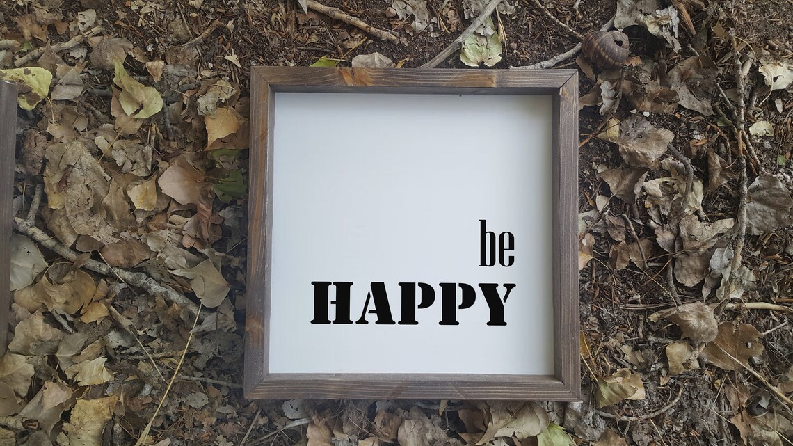 Be Happy Minimalist Typography Rustic Farmhouse Wood Sign Wall Art