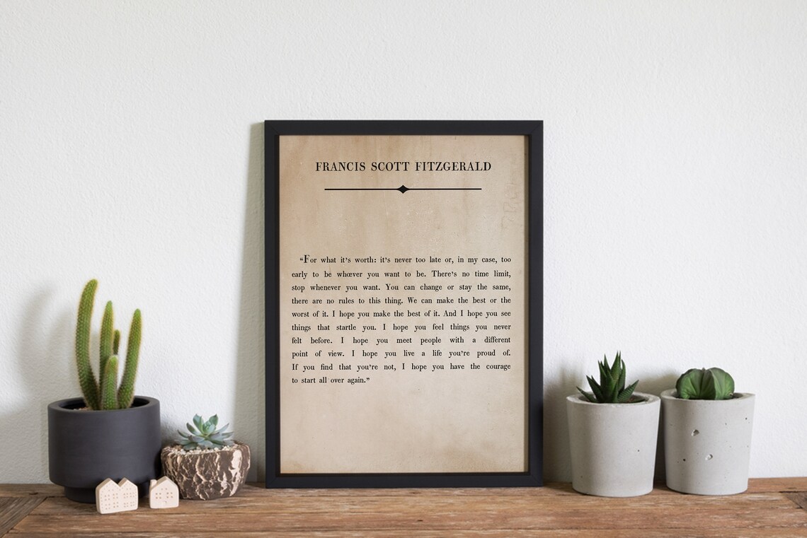 Francis Scott Fitzgerald Never Too Late To Be Quote Book Page Poster - Image 3