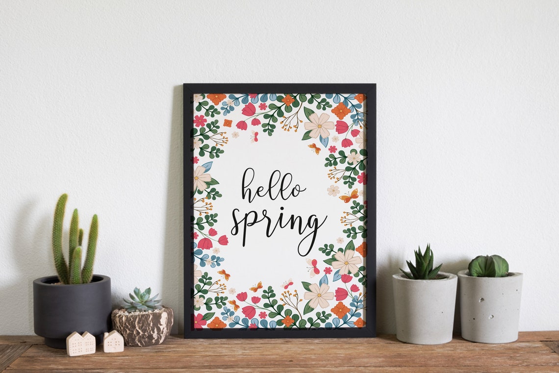 Hello Spring Floral Border Script Botanical Seasonal Art Poster - Image 2