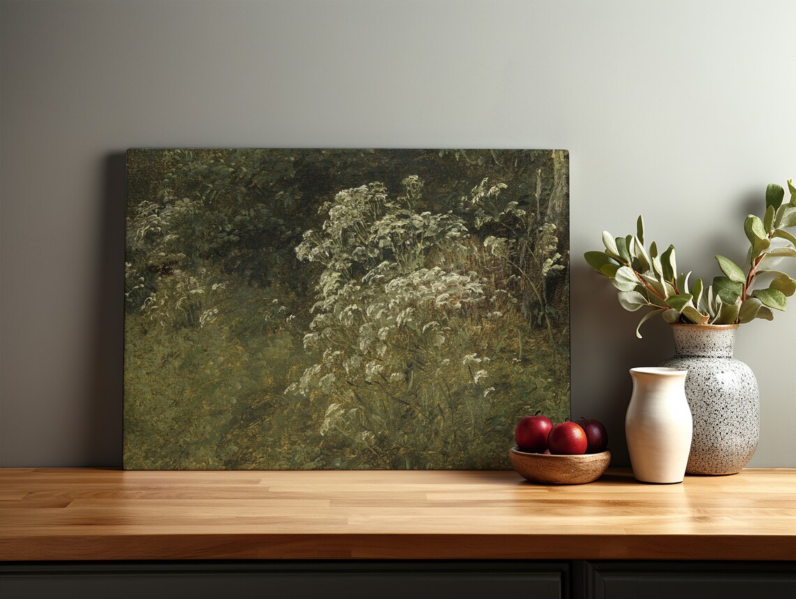 Dark Woodland Wildflowers Vintage Painting Moody Green Wall Art - Image 3