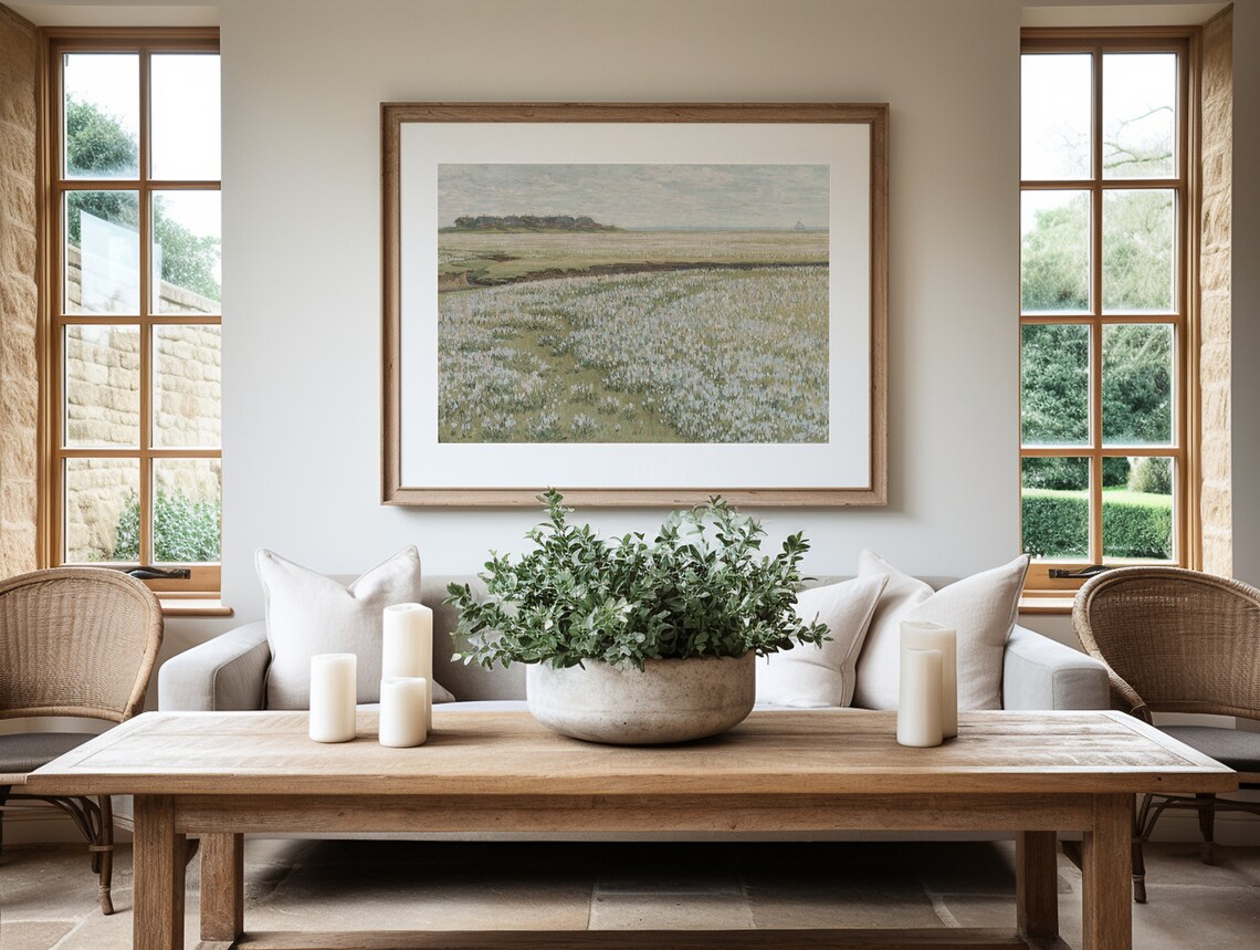 Coastal Wildflower Meadow Thatched Cottages Sailboat Vintage Art Poster - Image 3