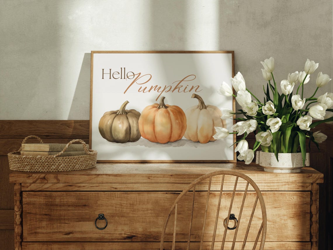 Hello Pumpkin Watercolor Pumpkins Sign Rustic Fall Harvest Art Print - Image 3