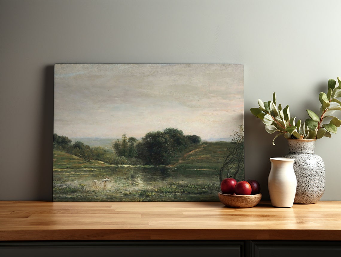 Serene Pond with Herons Vintage Landscape Painting at Dusk Wall Art - Image 3