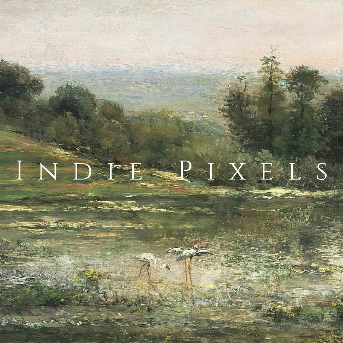 Serene Pond with Herons Vintage Landscape Painting at Dusk Wall Art - Image 4