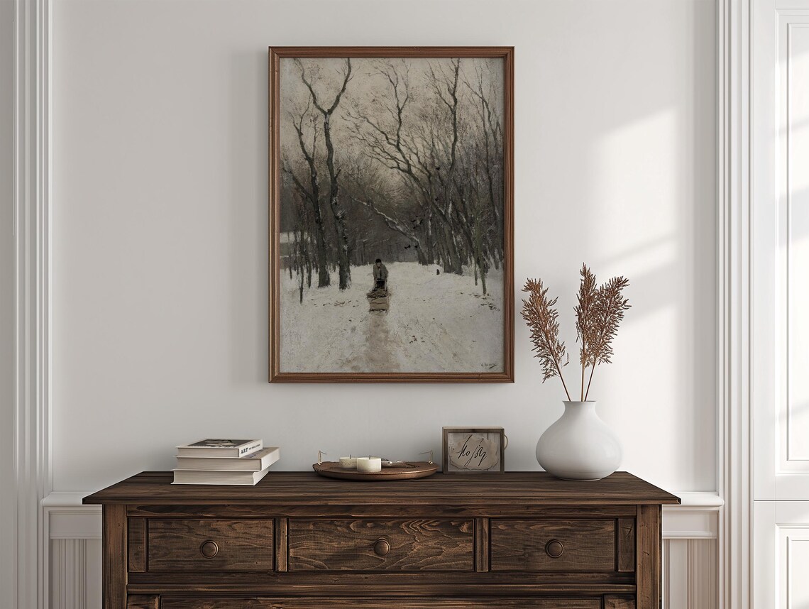 Moody Snowy Forest Path Vintage Winter Landscape Oil Painting Art Print - Image 4