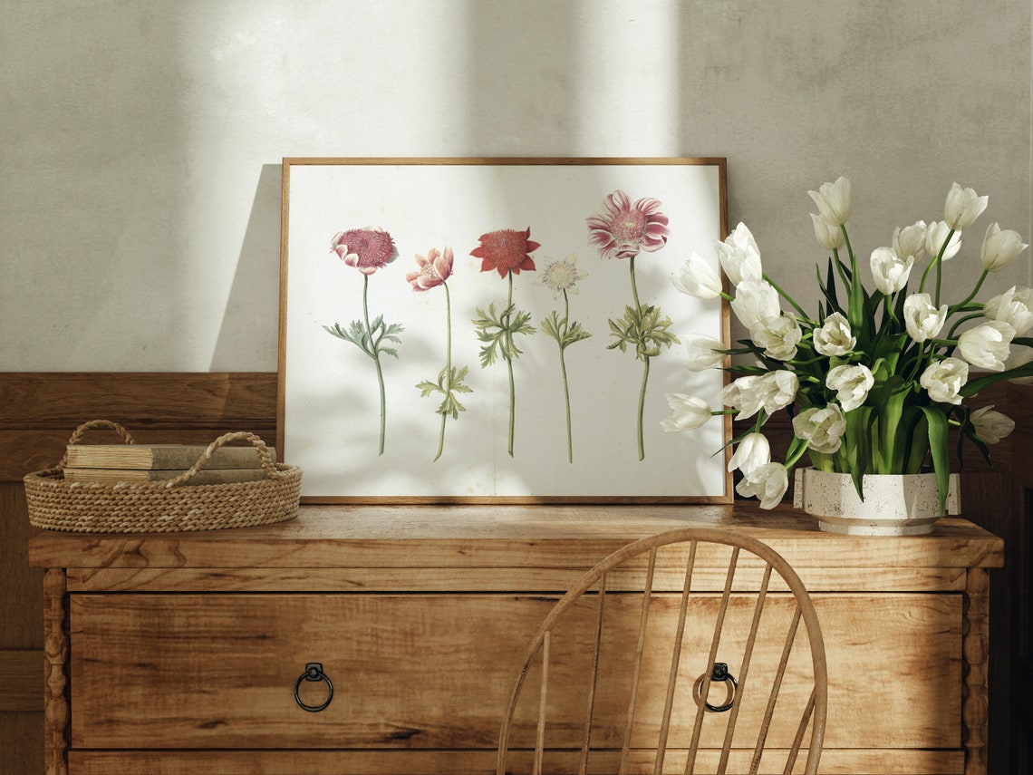 Vintage Pink and Red Anemone Flowers Botanical Still Life Wall Art - Image 2